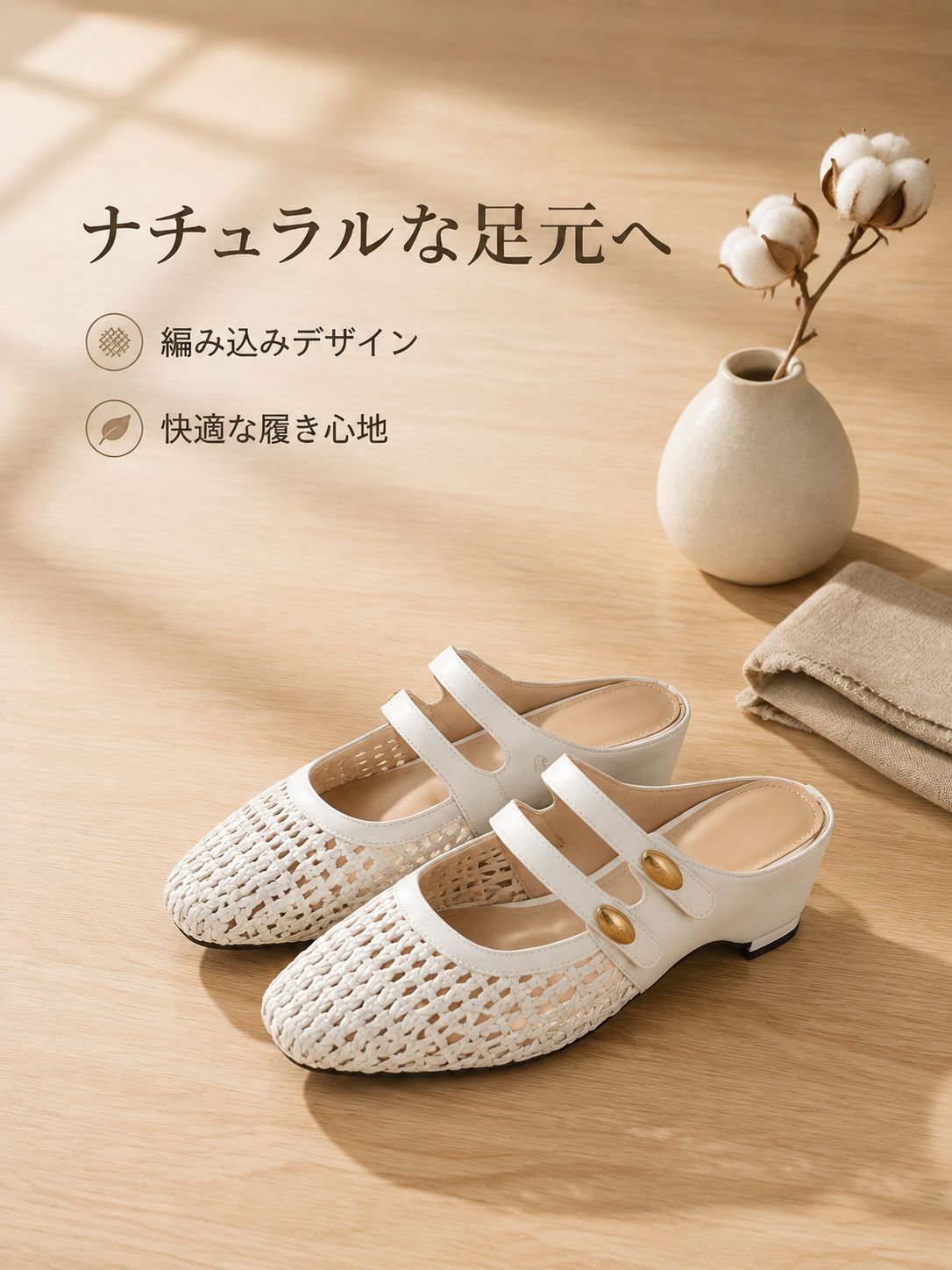 女性用、透かし編みのハーフ丈スリッパ、普段使いにぴったりのカジュアルなサンダル