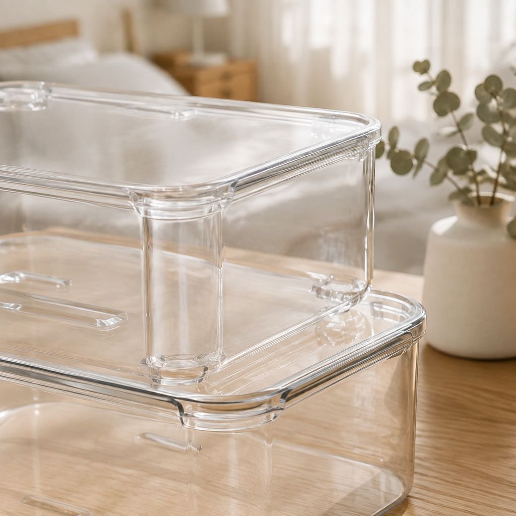 Stackable clear storage boxes with flip lids