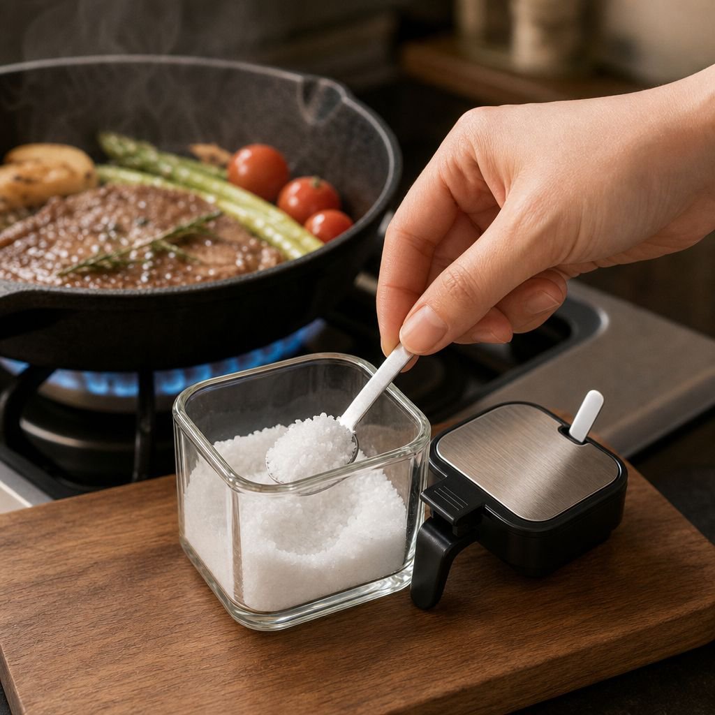 Detalle del set de especieros de vidrio con cucharas para cocina