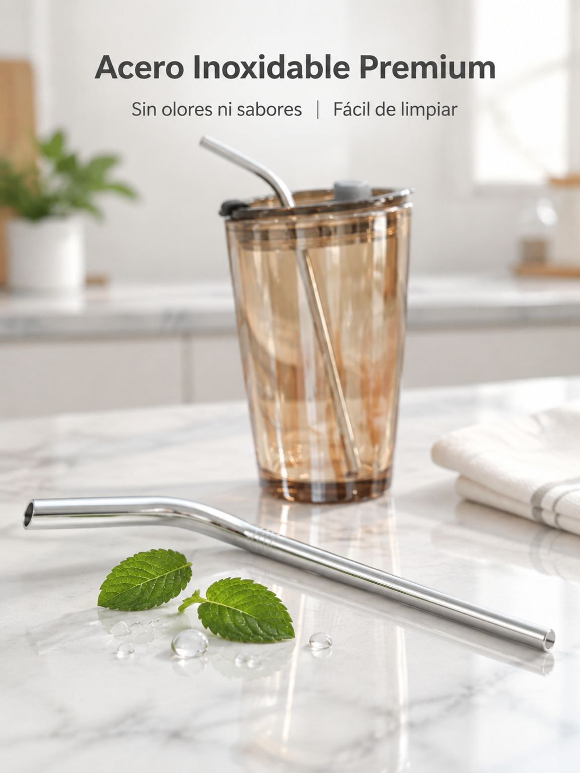Vaso de cristal con tapa hermética y pajita