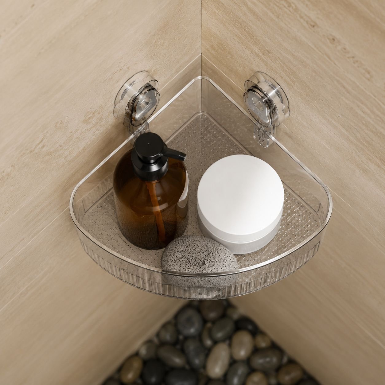 Organized bathroom essentials on suction storage rack