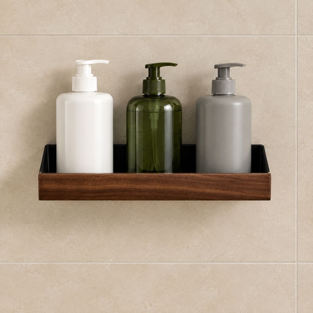 Estante adhesivo para baño con productos de higiene