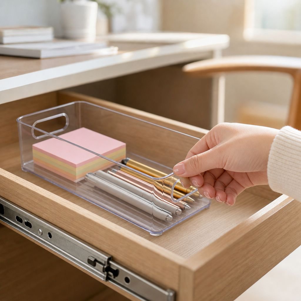 Slim rectangular dustproof stationery organizer on desk