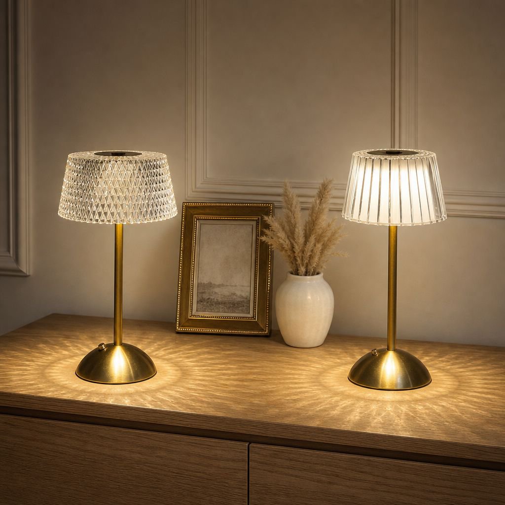 Energy-efficient tri-color LED lamp on nightstand