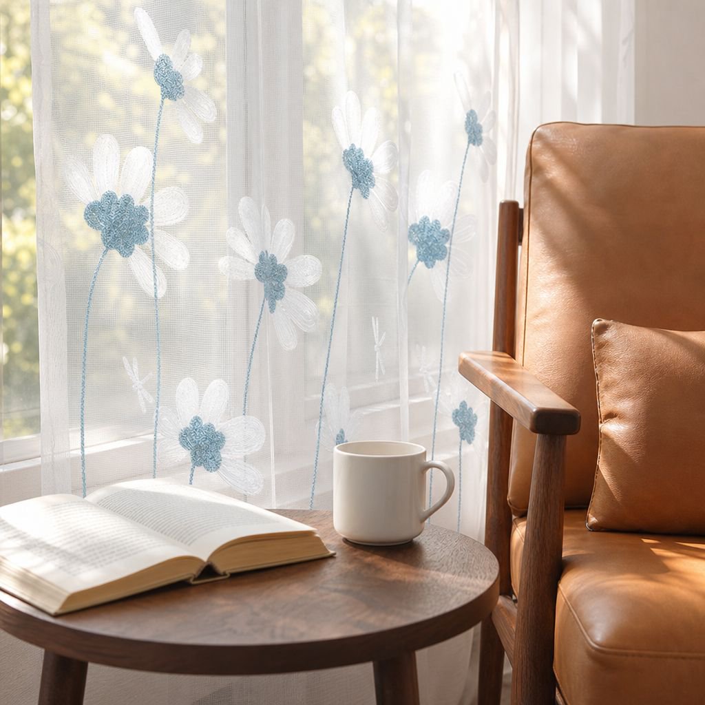 Wohnzimmerscheibe mit Chrysanthemenstickerei, moderner transparenter Vorhang
