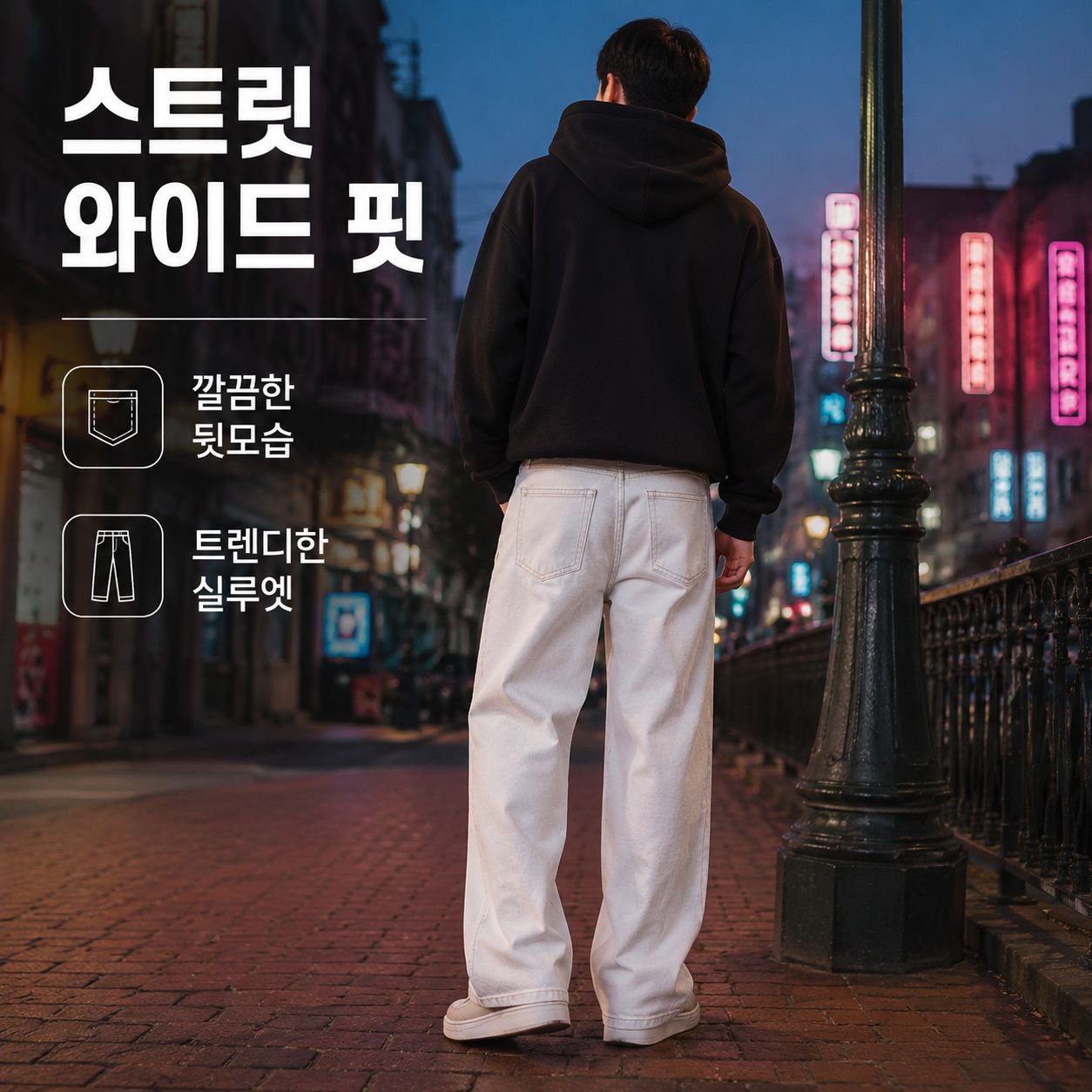 남자 화이트 스트리트 와이드 데님 워싱 팬츠