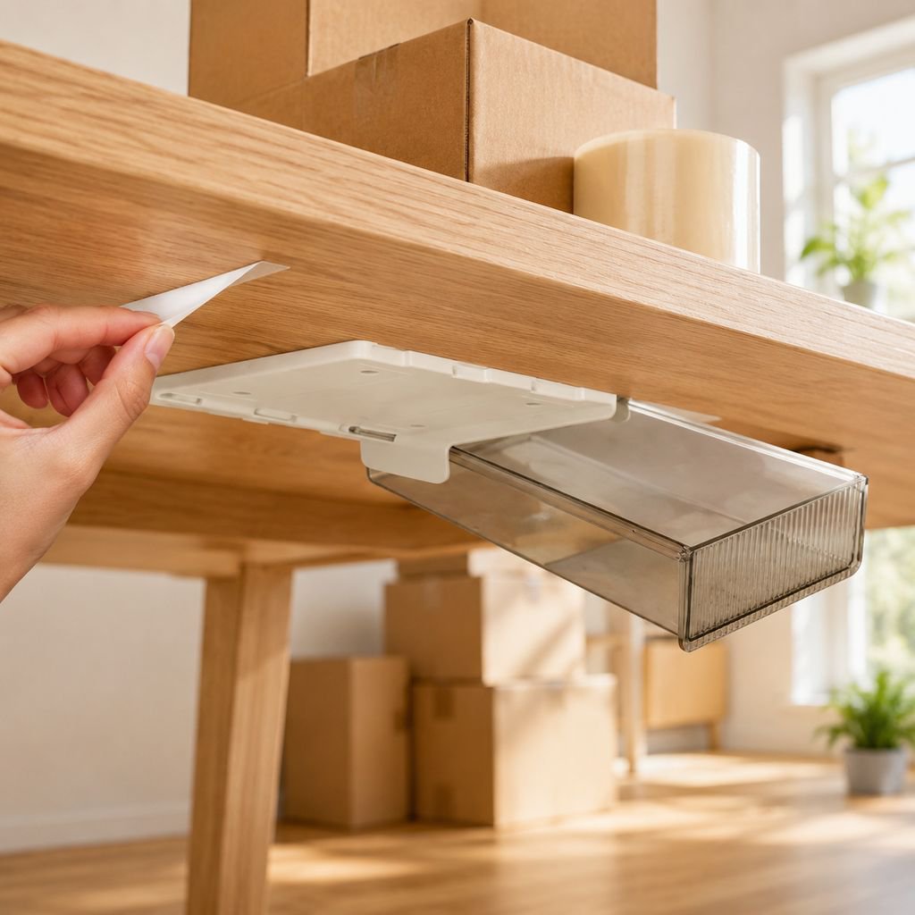 Compact hidden organizer box for desk clutter