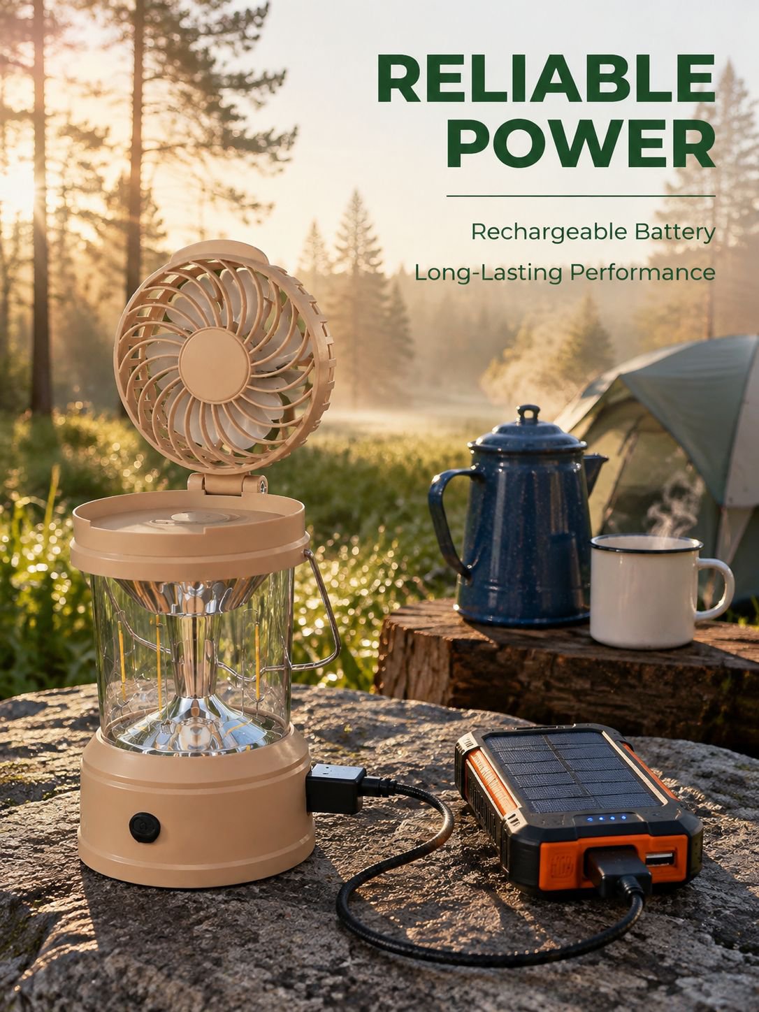 Close-up of the folding tent light fan showing adjustable angles