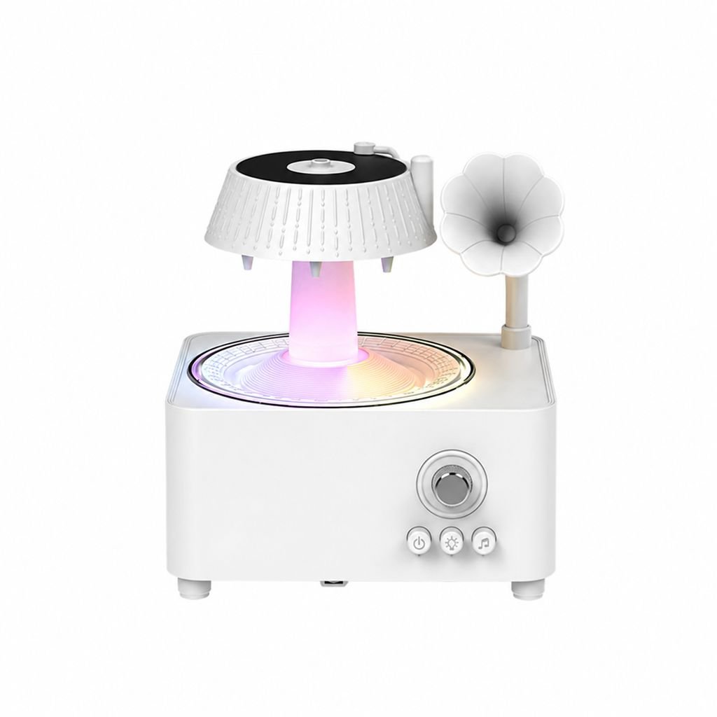 Difusor de aceites esenciales con luz de siete colores, control remoto y diseño de gramófono retro
