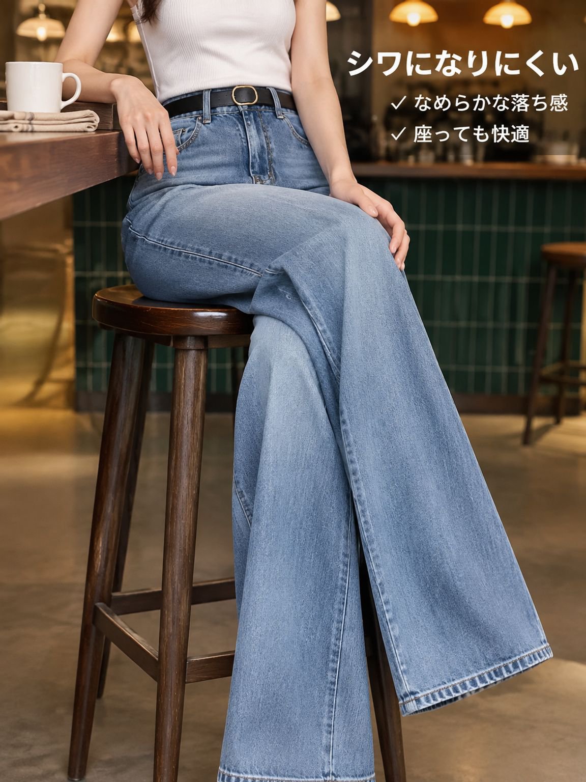 着痩せして見える、落ち感のあるデニムパンツ