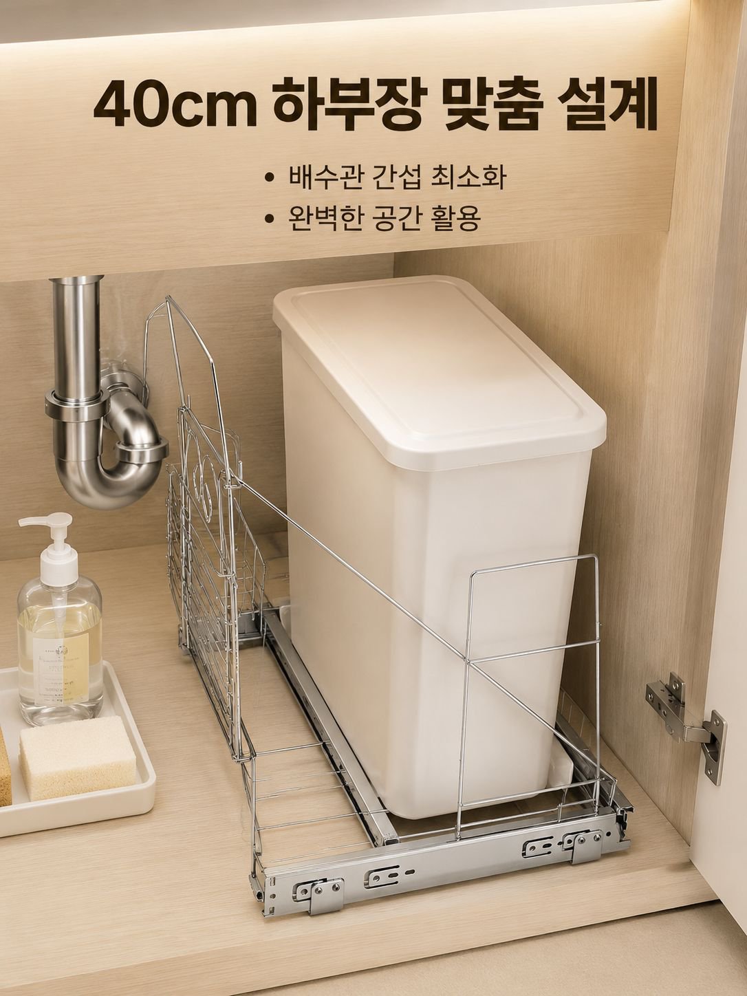 주방 캐비닛 내부에 깔끔하게 들어가는 쓰레기통