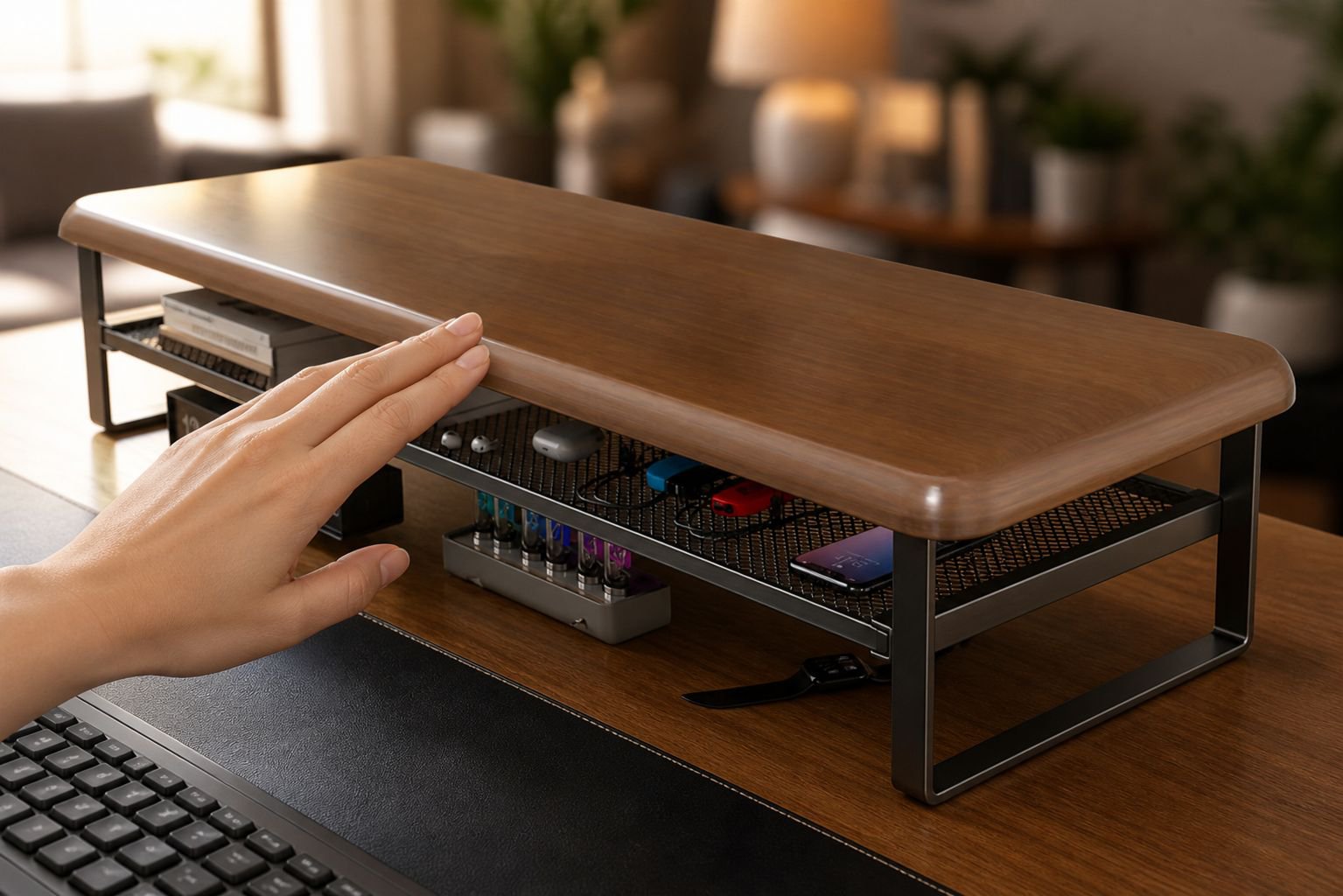 Organized office desk with monitor riser