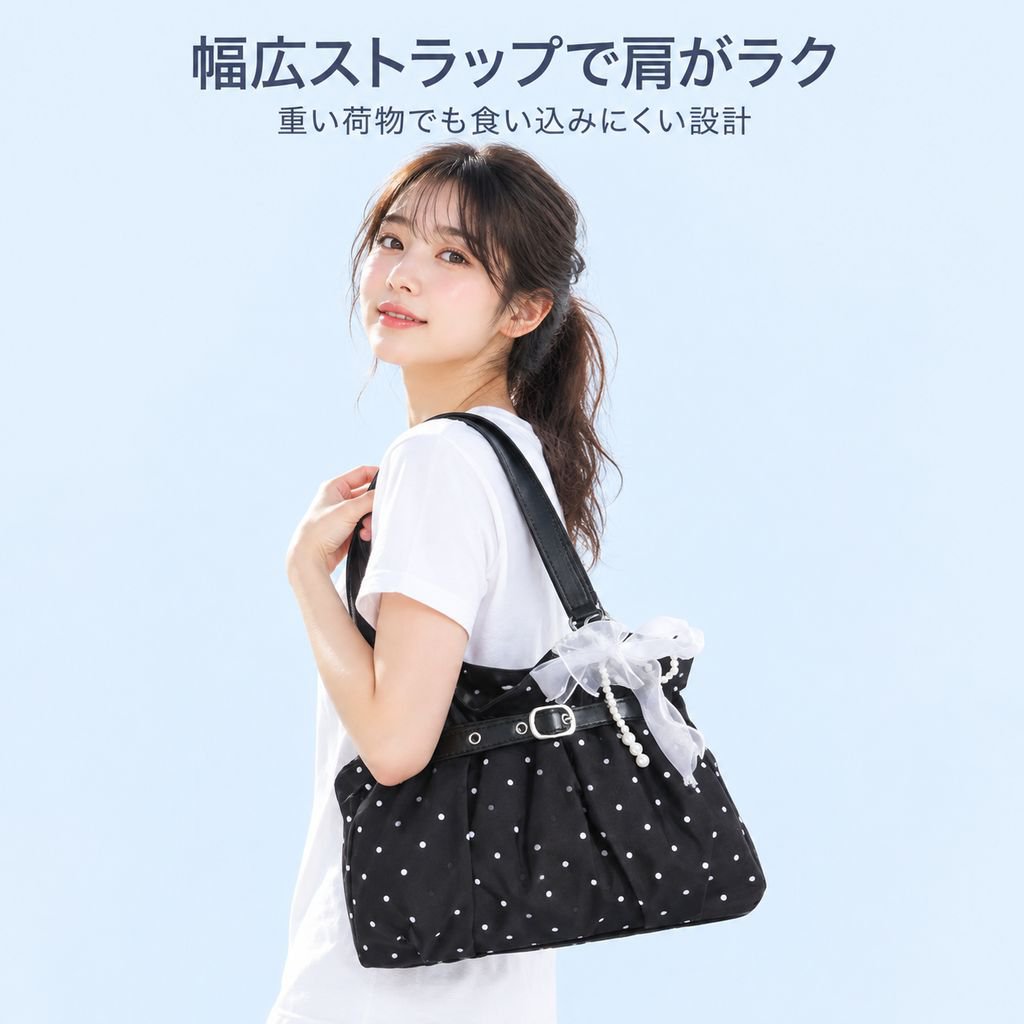 韓国スタイルの余裕感のあるプリーツショルダーバッグ・脇挟みバッグ・女性ファッション・水玉柄通勤手トートバッグ