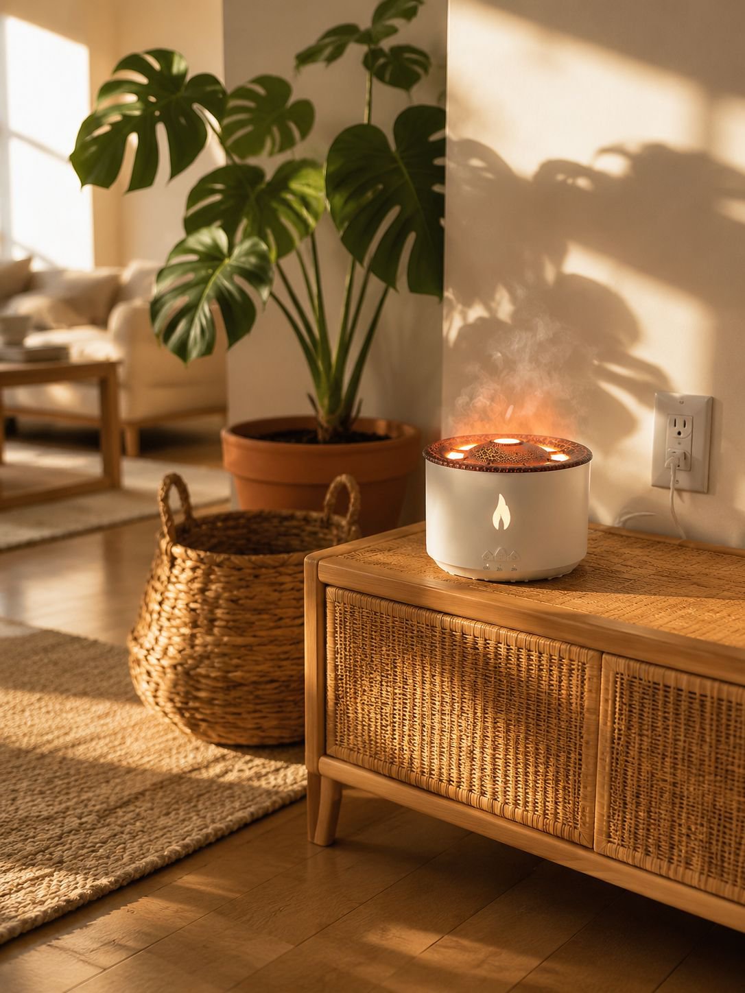 Volcano humidifier enhancing room atmosphere with aroma and light