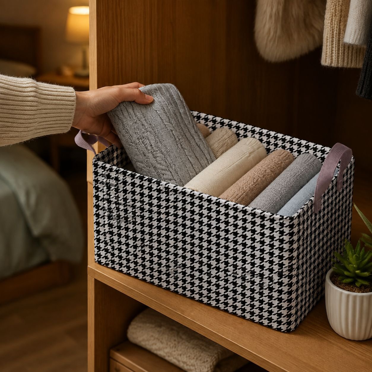 Foldable houndstooth pattern steel clothes organizer box with handle