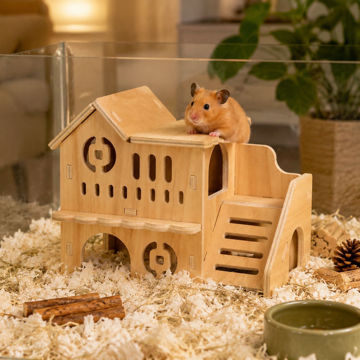 Casa de madera maciza para hámster, juguetes acrílicos, accesorios para jaula de hámster, jaula de o
