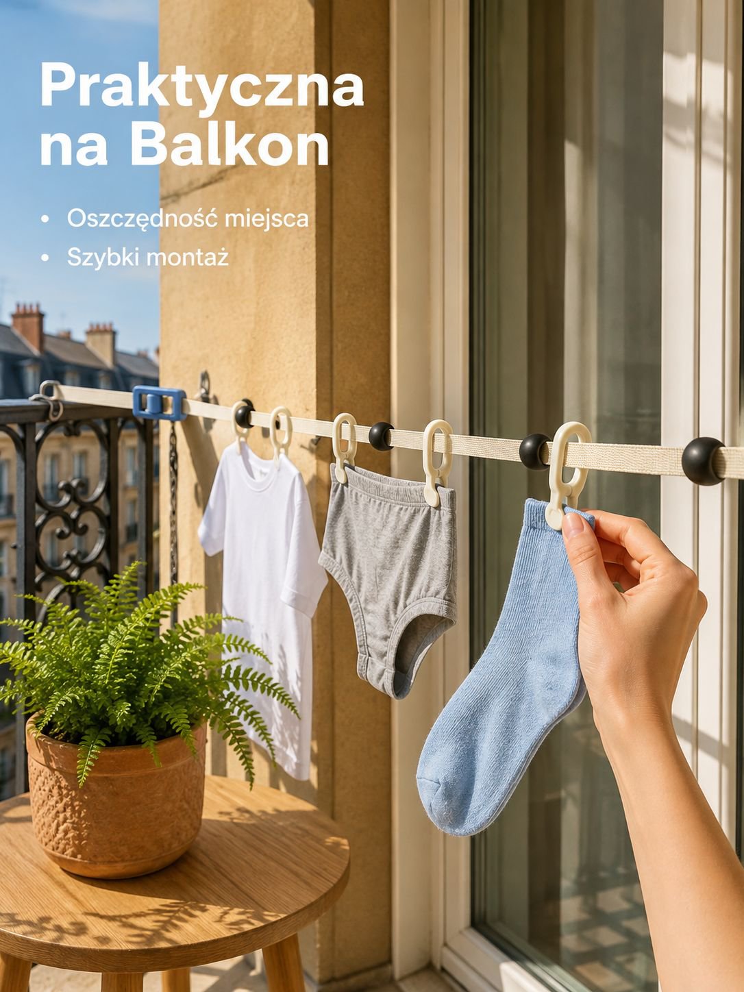 Regulowana, przenośna linka na pranie odporna na wiatr, bez wiercenia