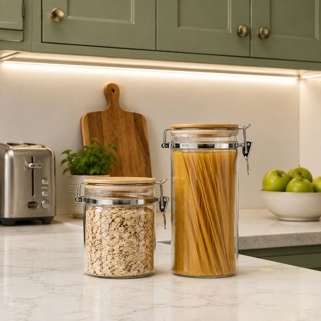 Modern kitchen organization with glass jars