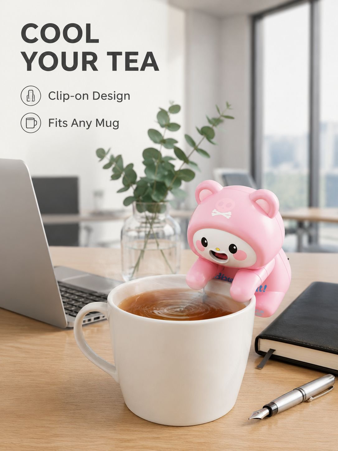 Summer Fan for Cooling Rice, Cute Puppy Design, Portable with Cup Hanger, Cat-Shaped Hot Water