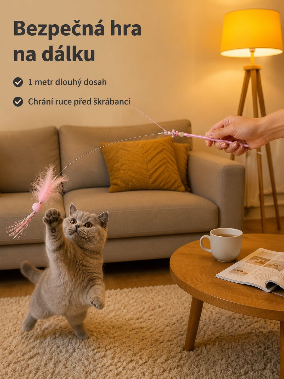 Dlouhá hůlka s peřím na hraní pro kočky