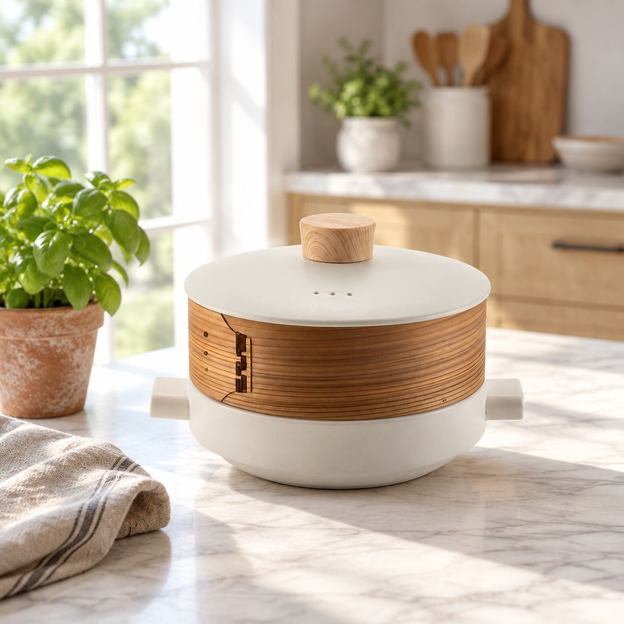 2-in-1 Ceramic Pot with Steamer Basket