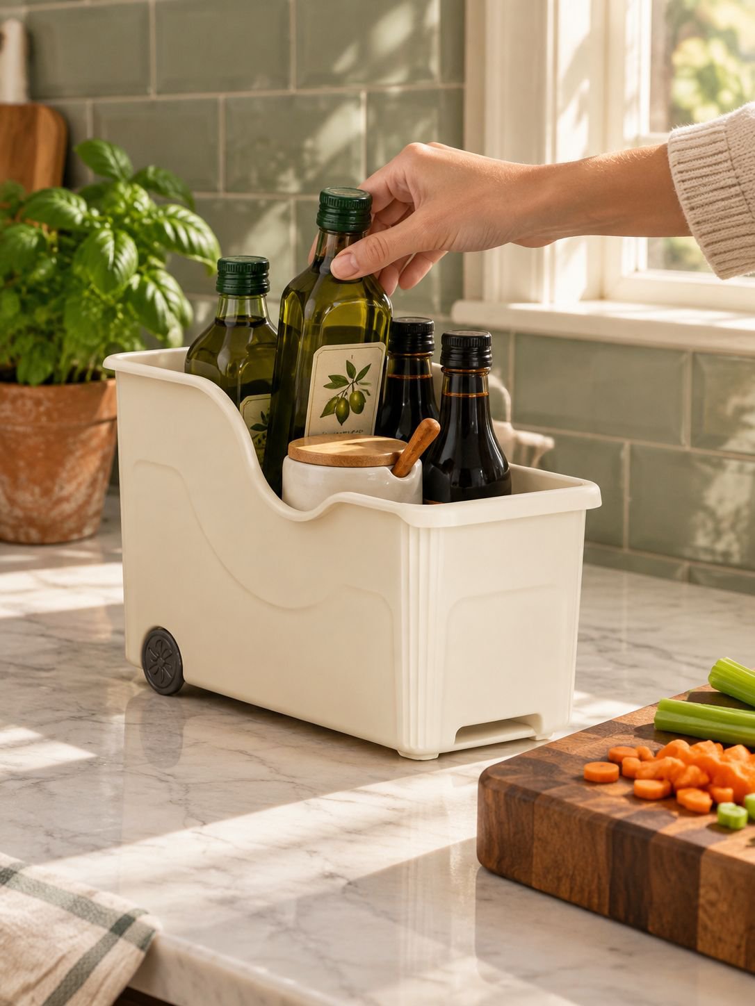 Seasoning and pot storage box on kitchen counter