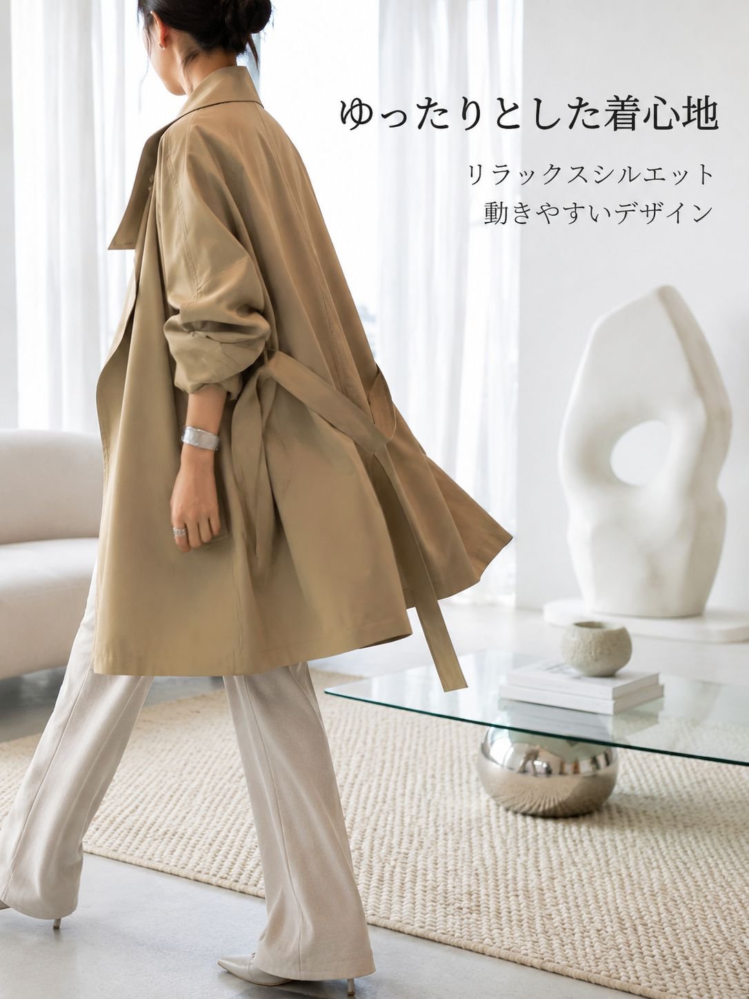 フレンチレトロスタイルのミドル丈トレンチコート（女性用）、春秋新作、ゆったりとしたシルエット、ウエストを絞ったデザイン、カジュアルなスタンドカラーコート。