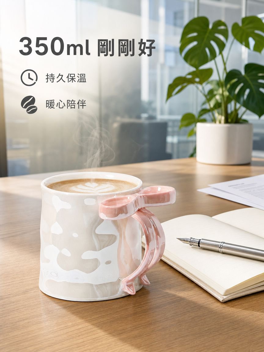 珠光釉蝴蝶結陶瓷馬克杯