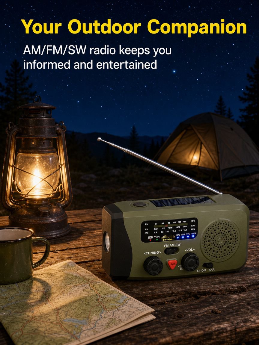 All-in-one emergency gear: radio, flashlight, and charger