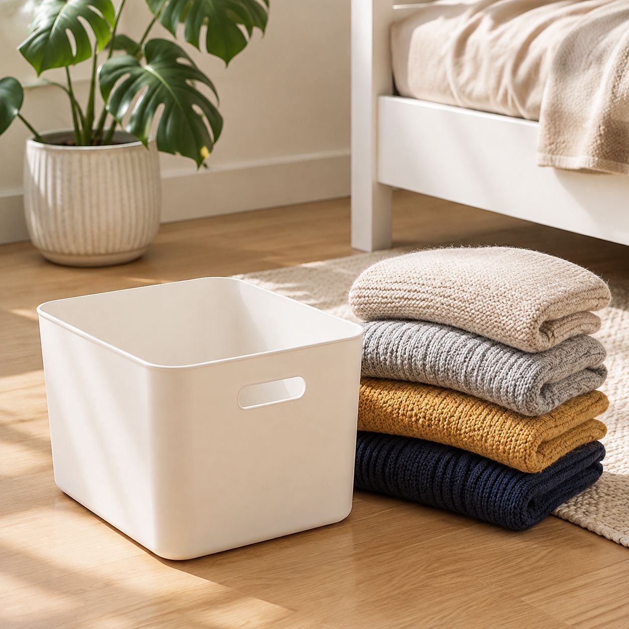 Clear plastic storage box for organizing household essentials
