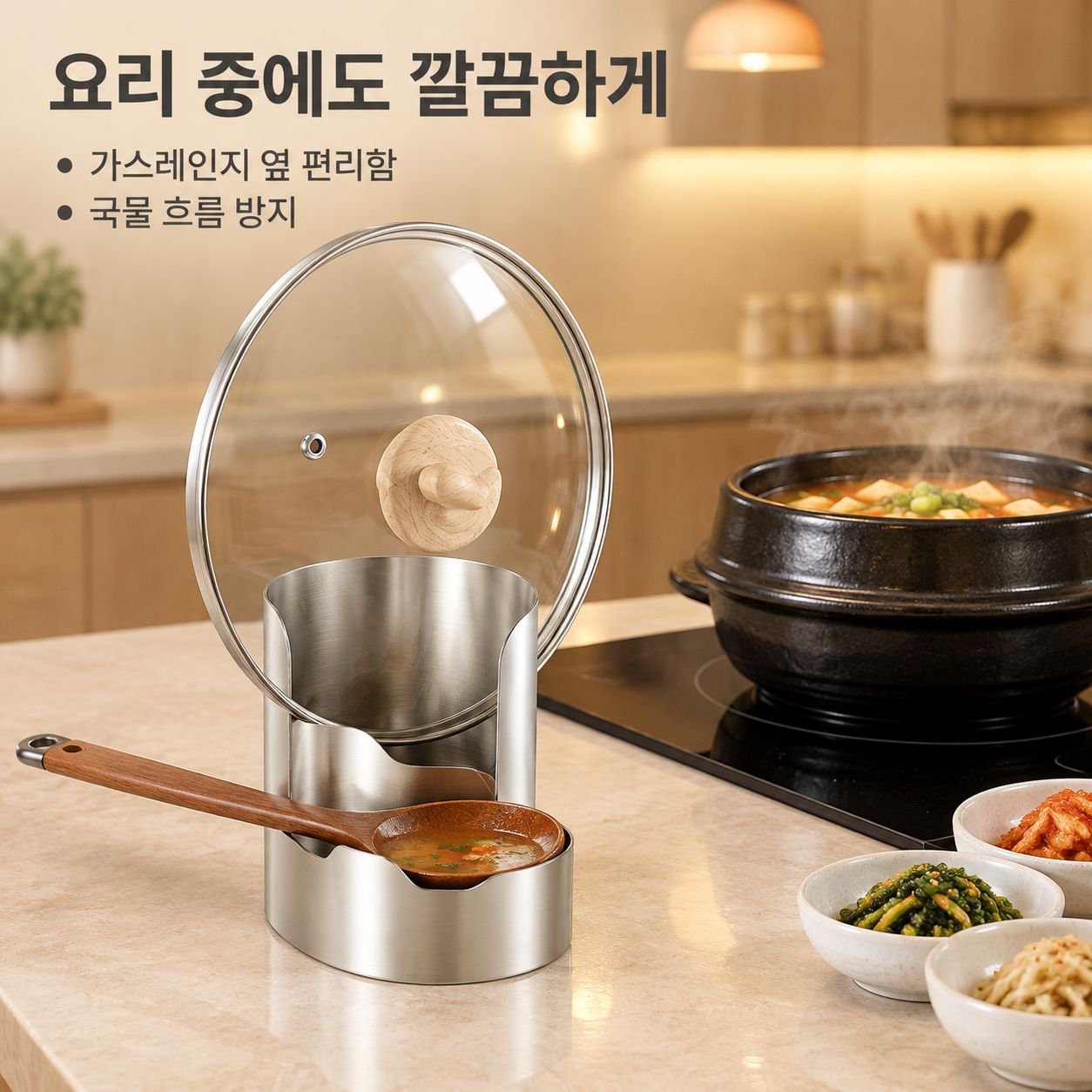 다기능 냄비뚜껑 국자 받침대 주방 수납 선반
