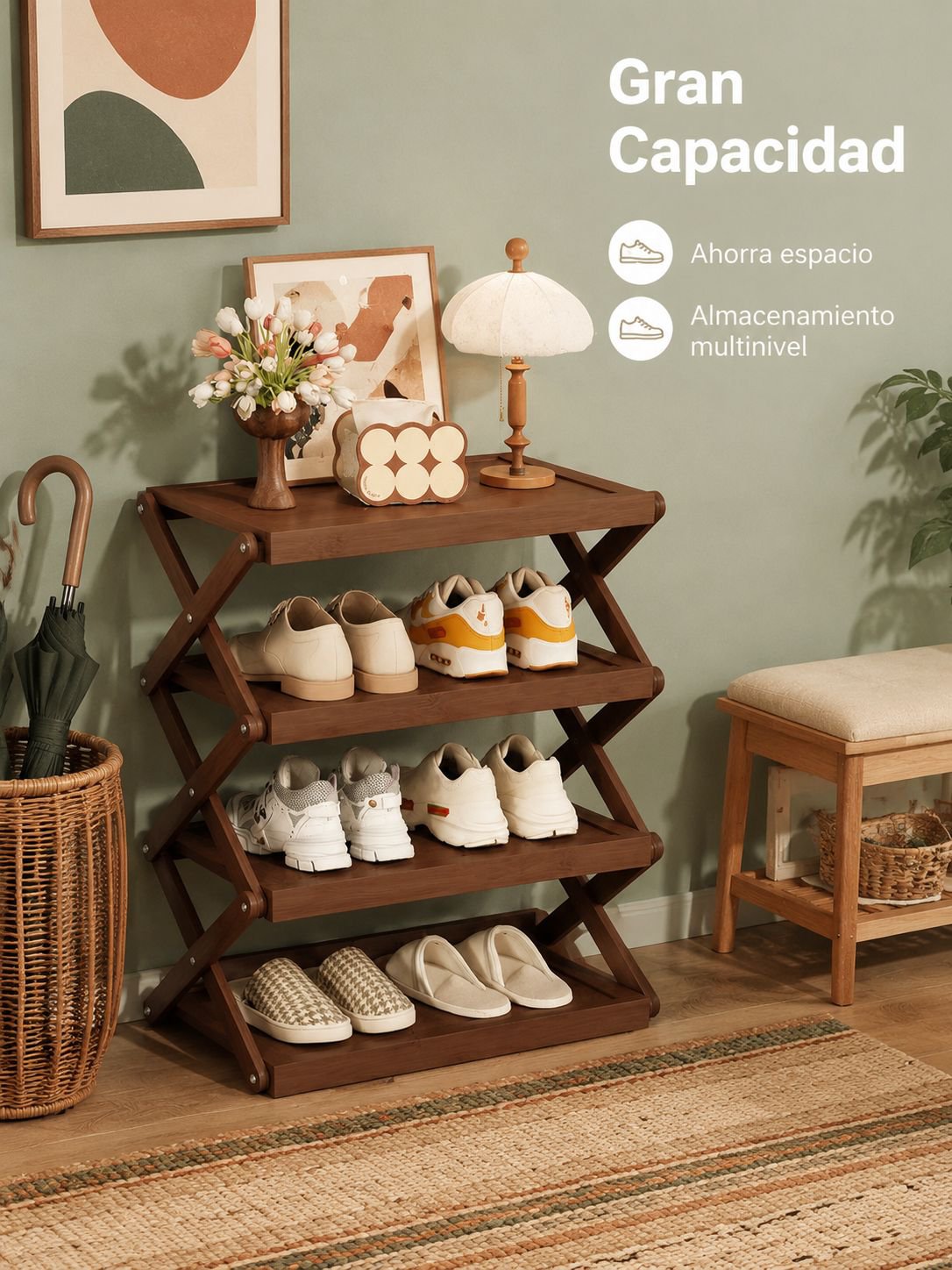 Zapatero plegable multifuncional de varias capas para el hogar, ligero y de fácil acceso