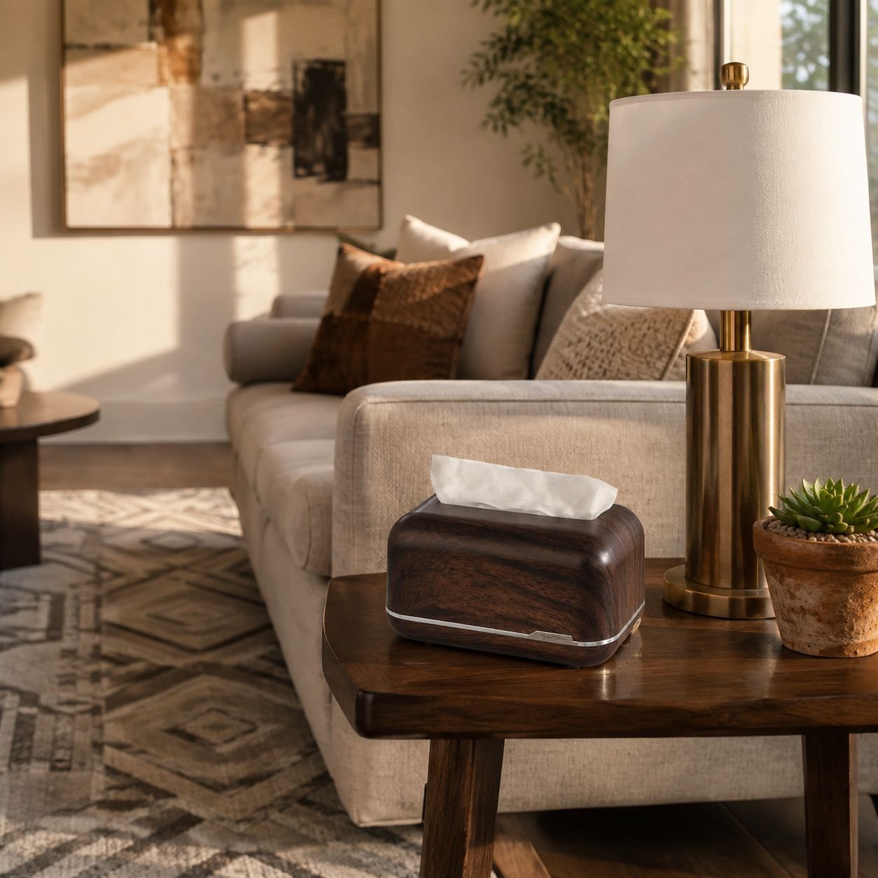 Modern walnut tissue box blending with home interior