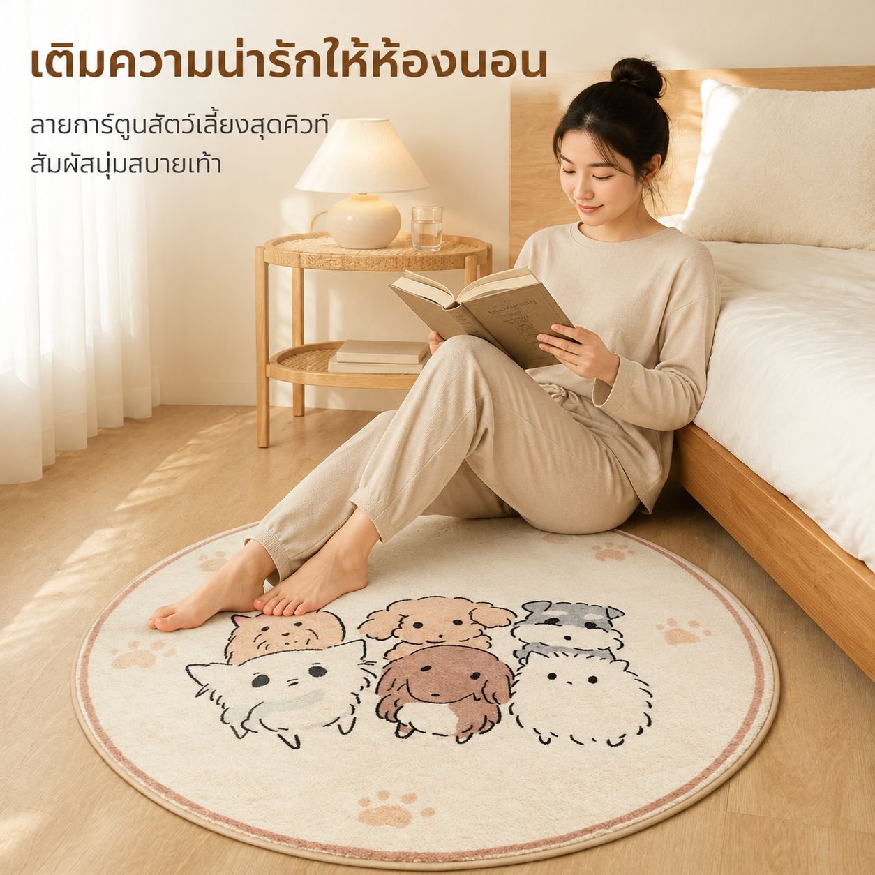 พรมขนเทียมลายการ์ตูนทรงกลม กันลื่น สำหรับห้องนอน ห้องรับแขก ห้องอ่านหนังสือ สไตล์สาวน้อย