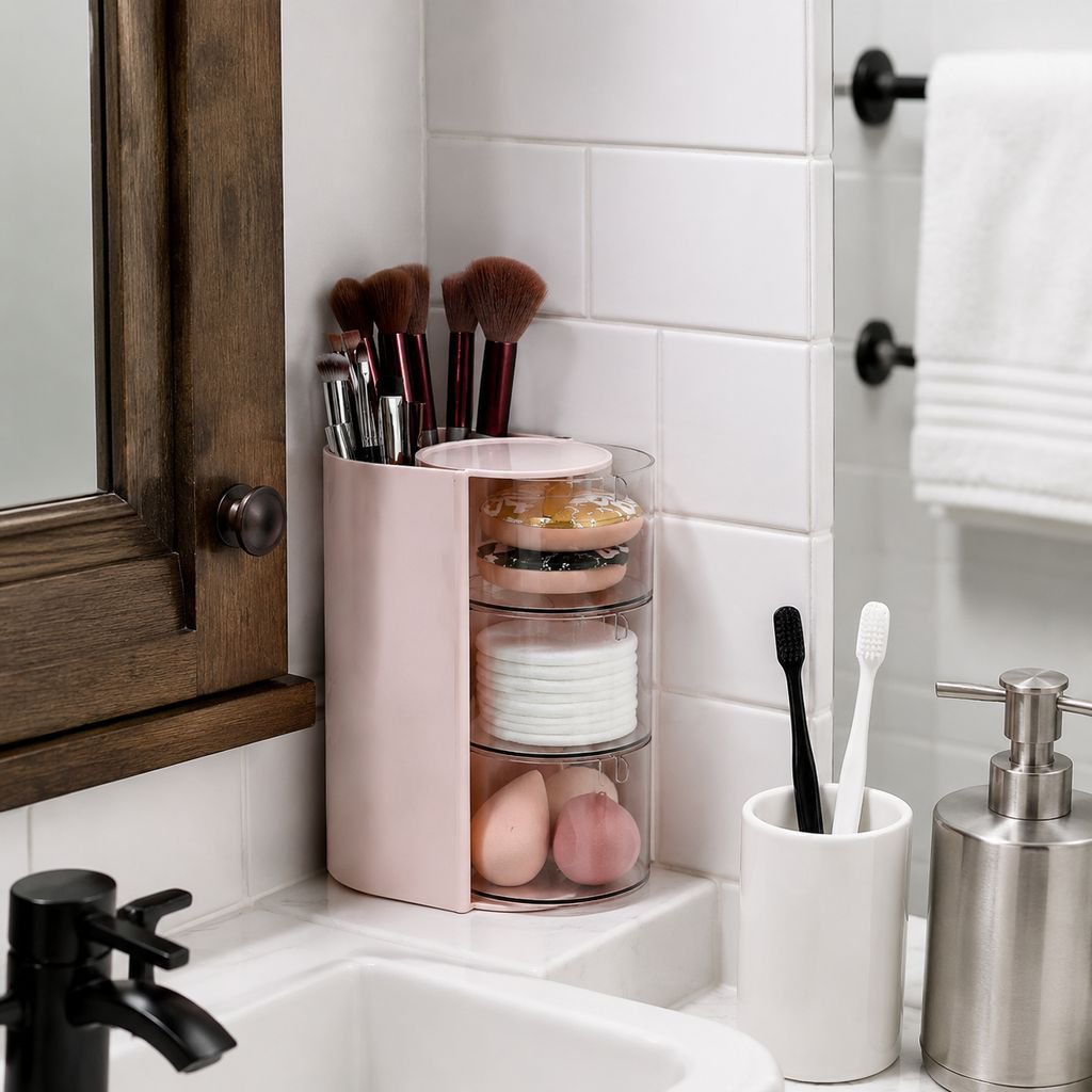 Vanity Desktop Rotating Puff & Makeup Brush Dustproof Storage Box