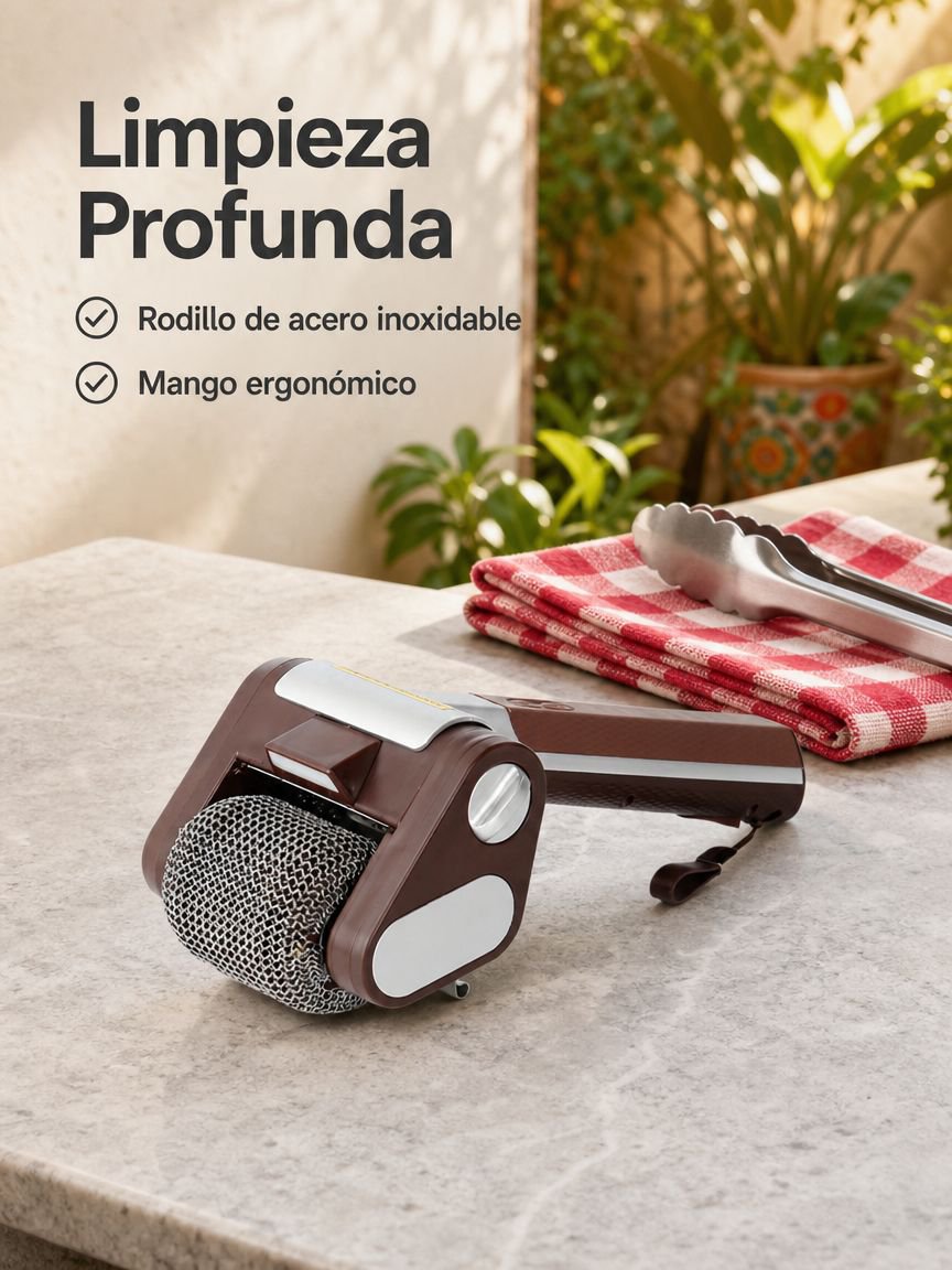 Cepillo limpiador de parrillas con rodillo de acero inoxidable