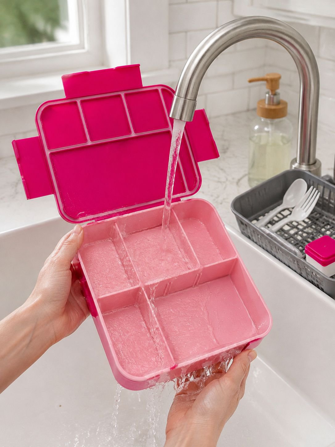 Compacte magnetronbestendige lunchbox met bestekset