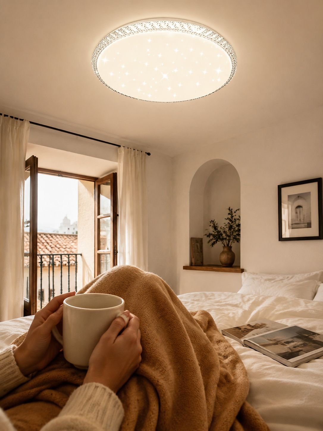 Ambiente acogedor con lámpara de techo moderna y simple