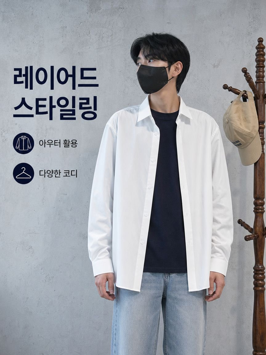 남자 여름 가을 멋스러운 캐주얼 박시 화이트 긴팔 셔츠 이너 탑