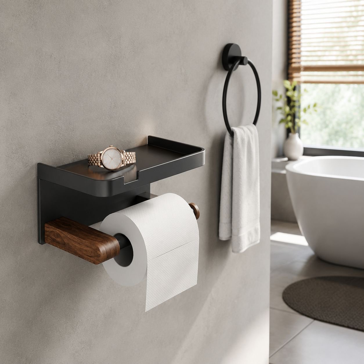 Modern bathroom with walnut storage shelf above sink