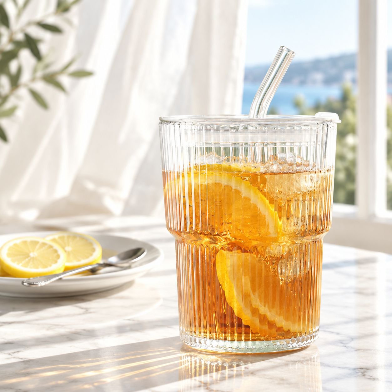 Vaso de vidrio con rayas verticales para agua o café, con tapa