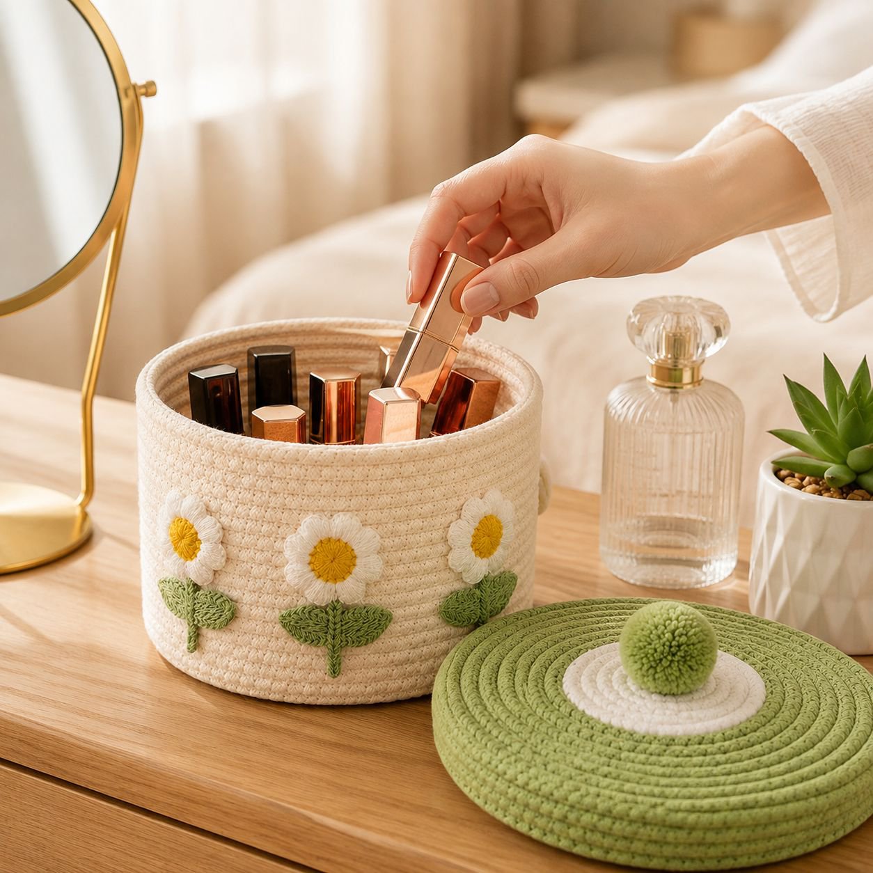 Lidded woven basket used for toy storage