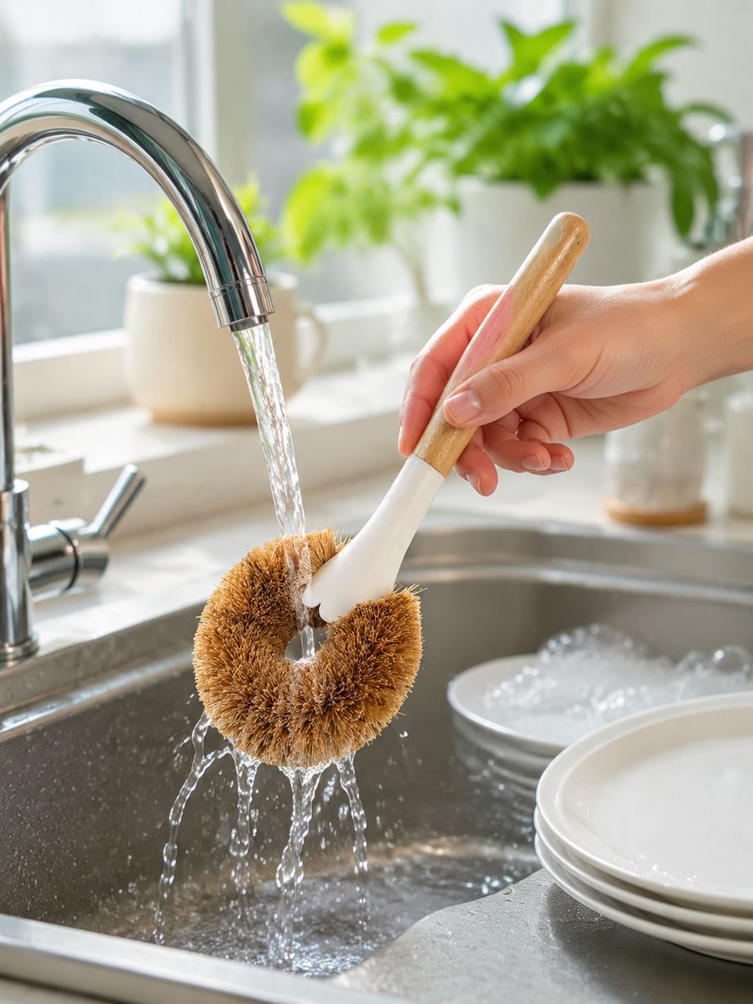 Biodegradable coconut fiber cleaning brush on countertop