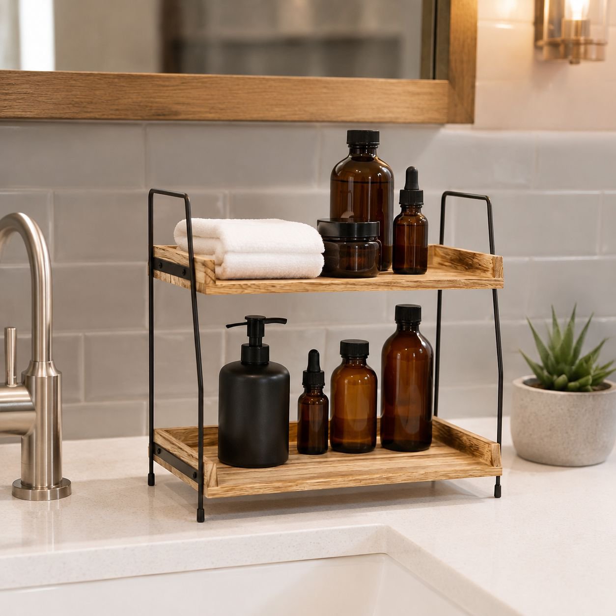 Double-Layer Storage Rack for Kitchen and Bathroom, Spice and Towel Organizer