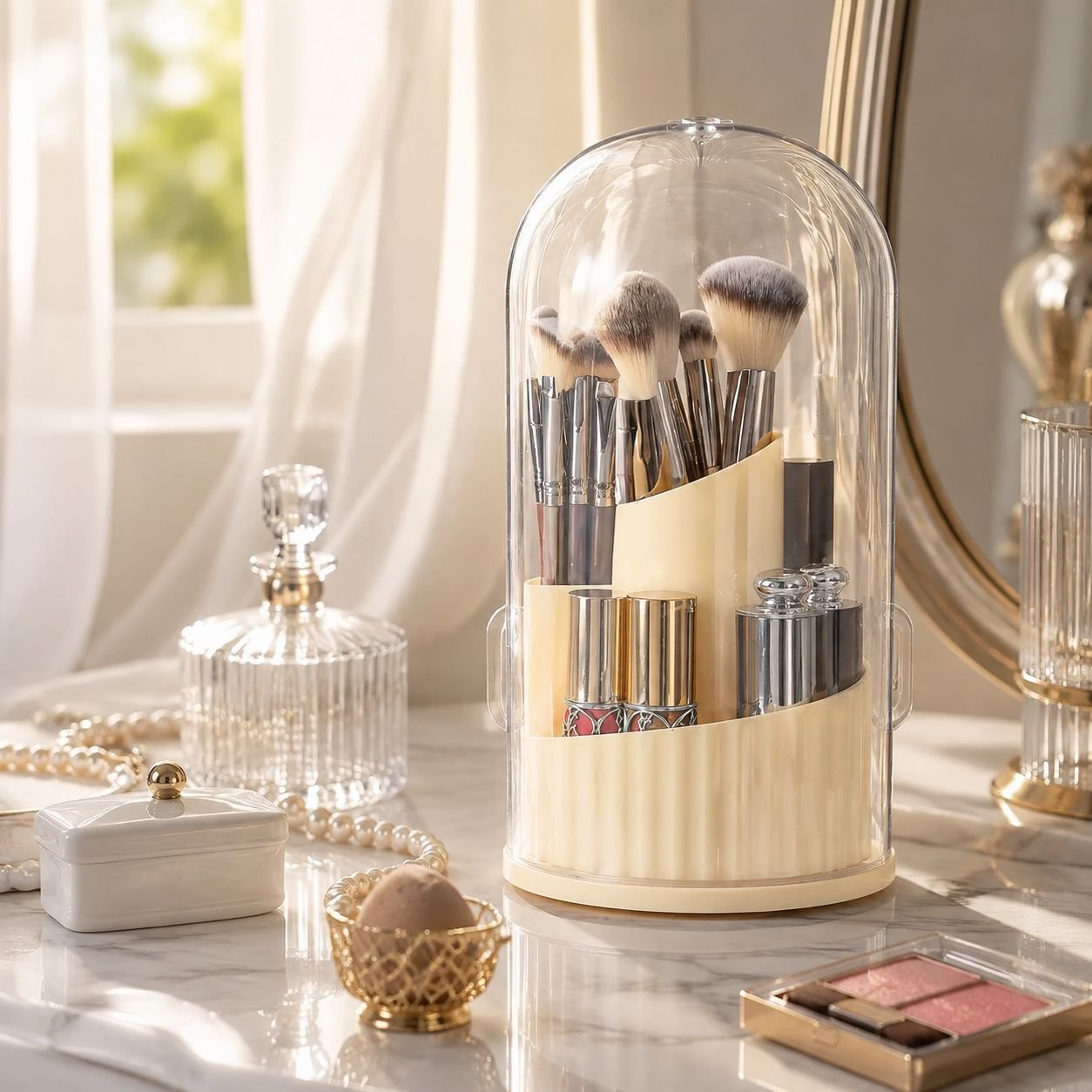 360-degree rotatable makeup brush organizer on vanity
