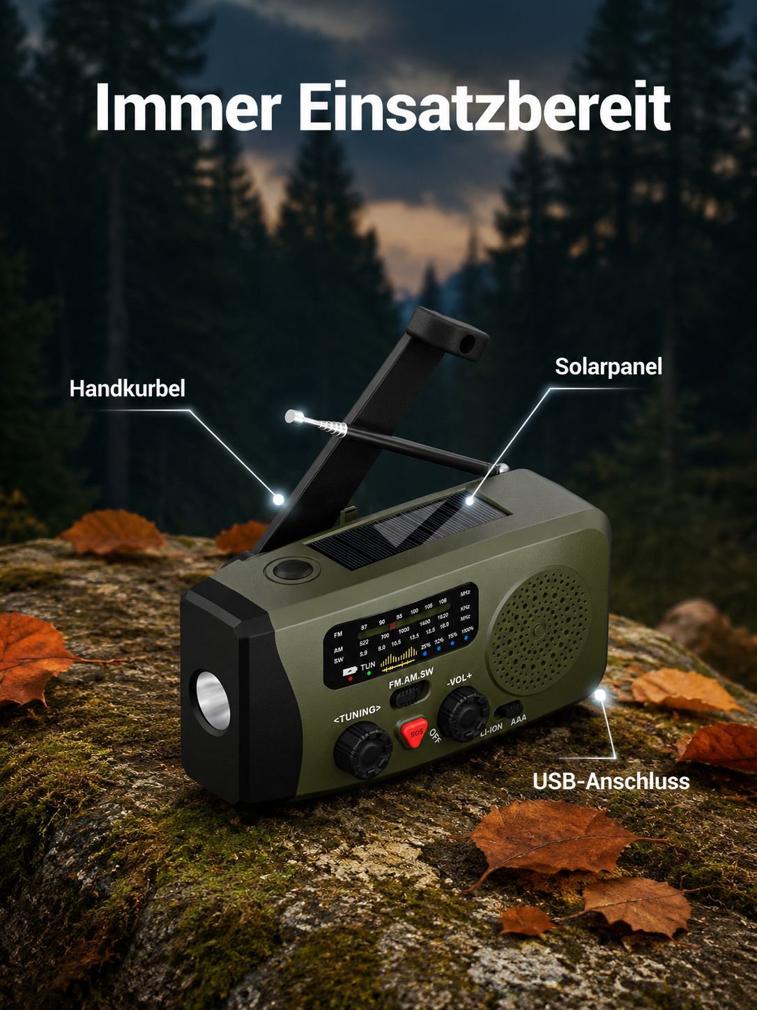 Multifunktionales Notfallradio mit Taschenlampe