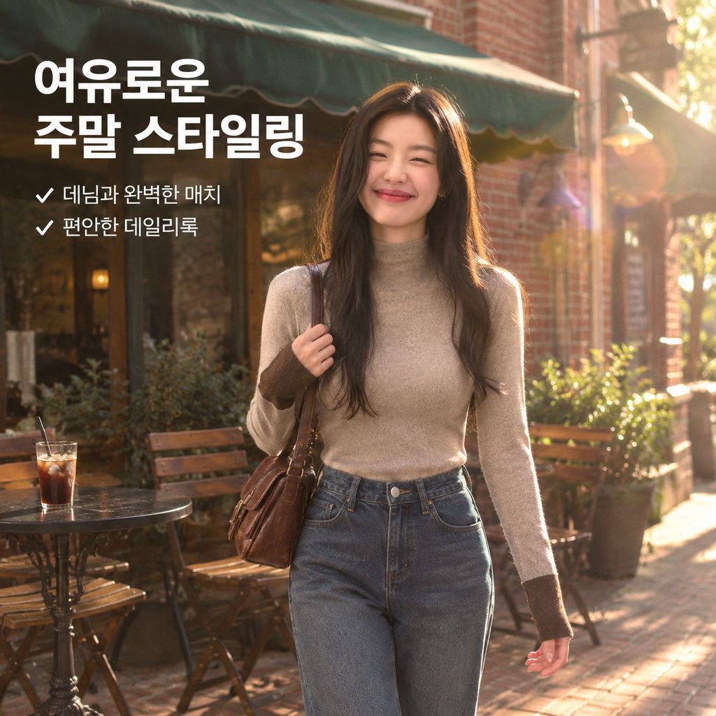 여성용 하이넥 니트 긴팔 스웨터