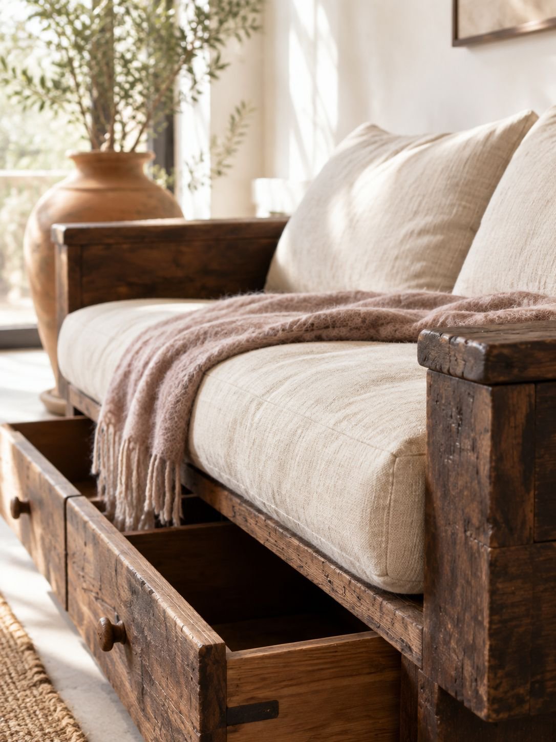 Massivholzsofa im Wabi-Sabi-Stil mit Antik-Finish und Schubladen-Stauraum