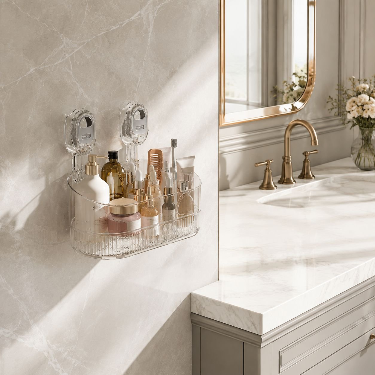 Panier de rangement mural amovible installé sur un lavabo
