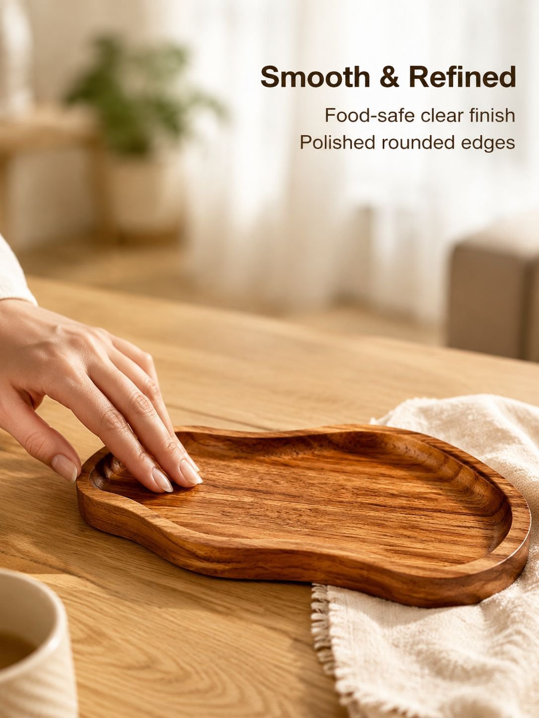 Top view of a peanut-shaped wooden serving tray